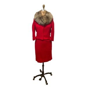 THE MS. CLAUS: Red Wool Boucle and Silver Fox Skirt and Jacket Suit by Lilli Ann